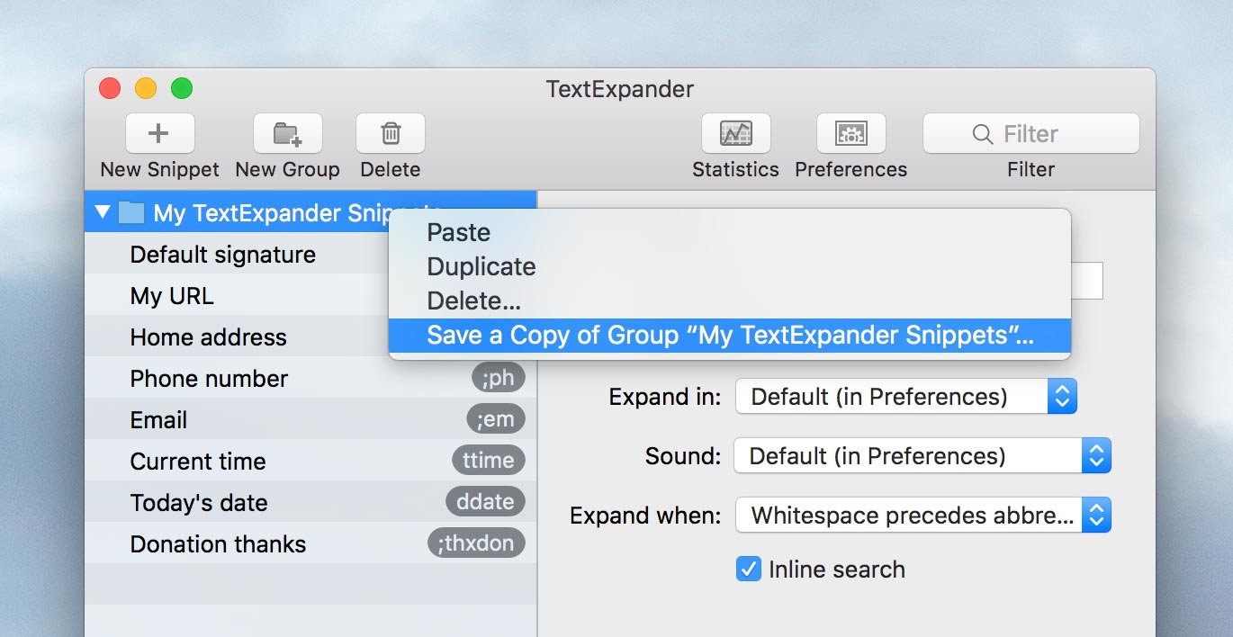 Save a Copy of your TextExpander group to the desktop
