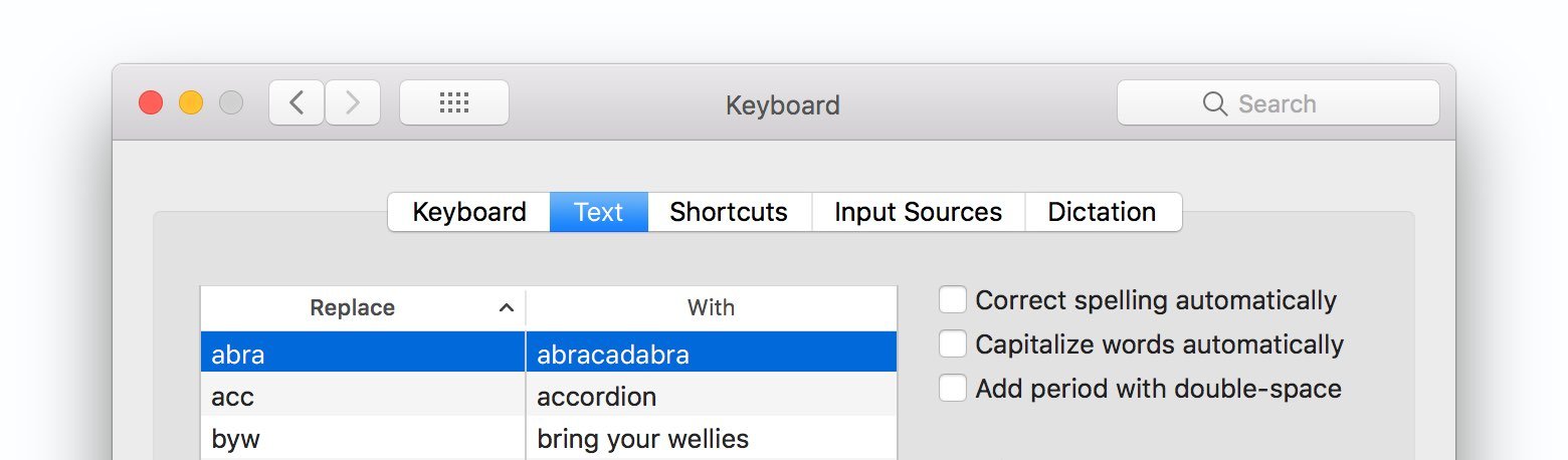 Screenshot of Apple Keyboard text replacements in system preferences