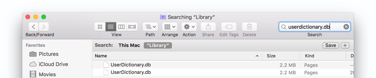 Screenshot of Finder search results for userdictionary.db