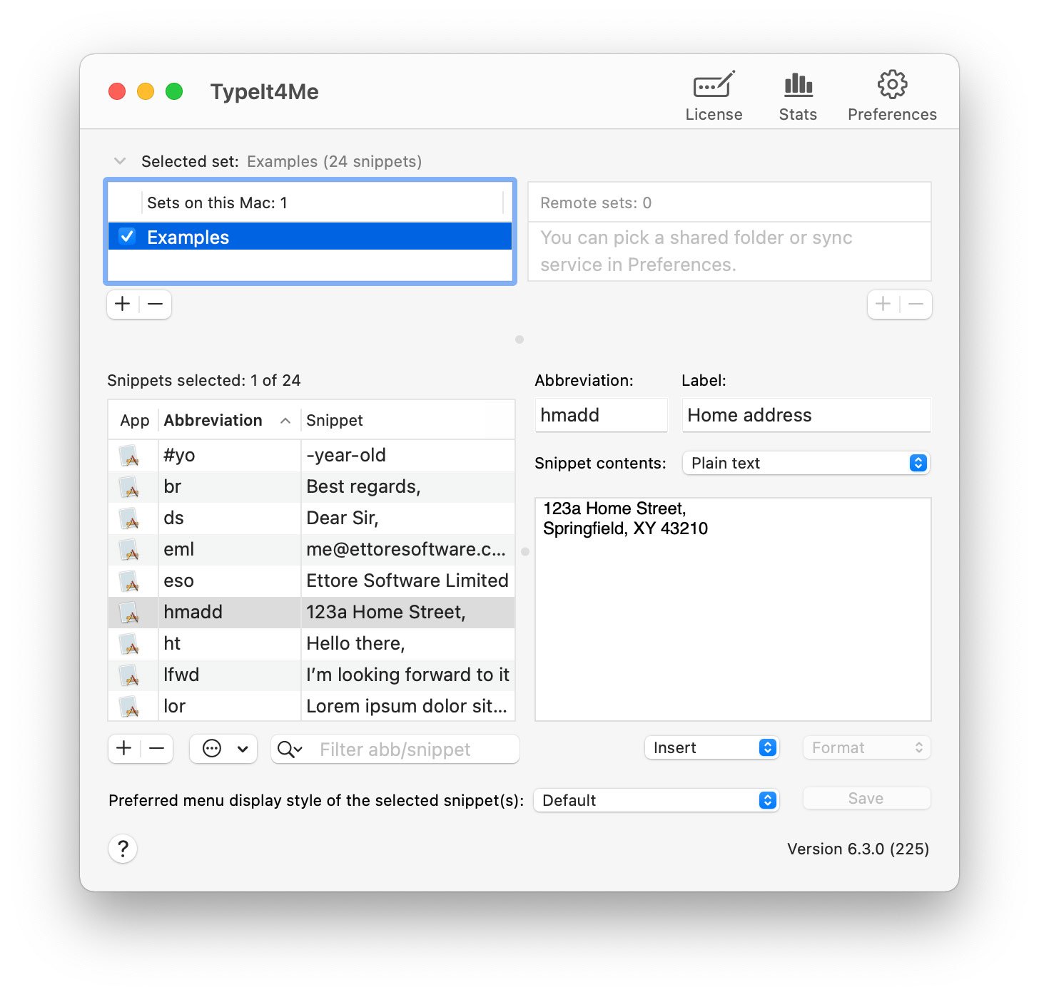 Screenshot of TypeIt4Me, the text expander for Mac