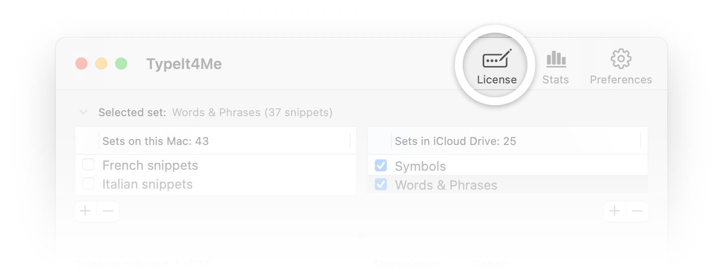 Screenshot of the "License" button at the top of the TypeIt4Me app window