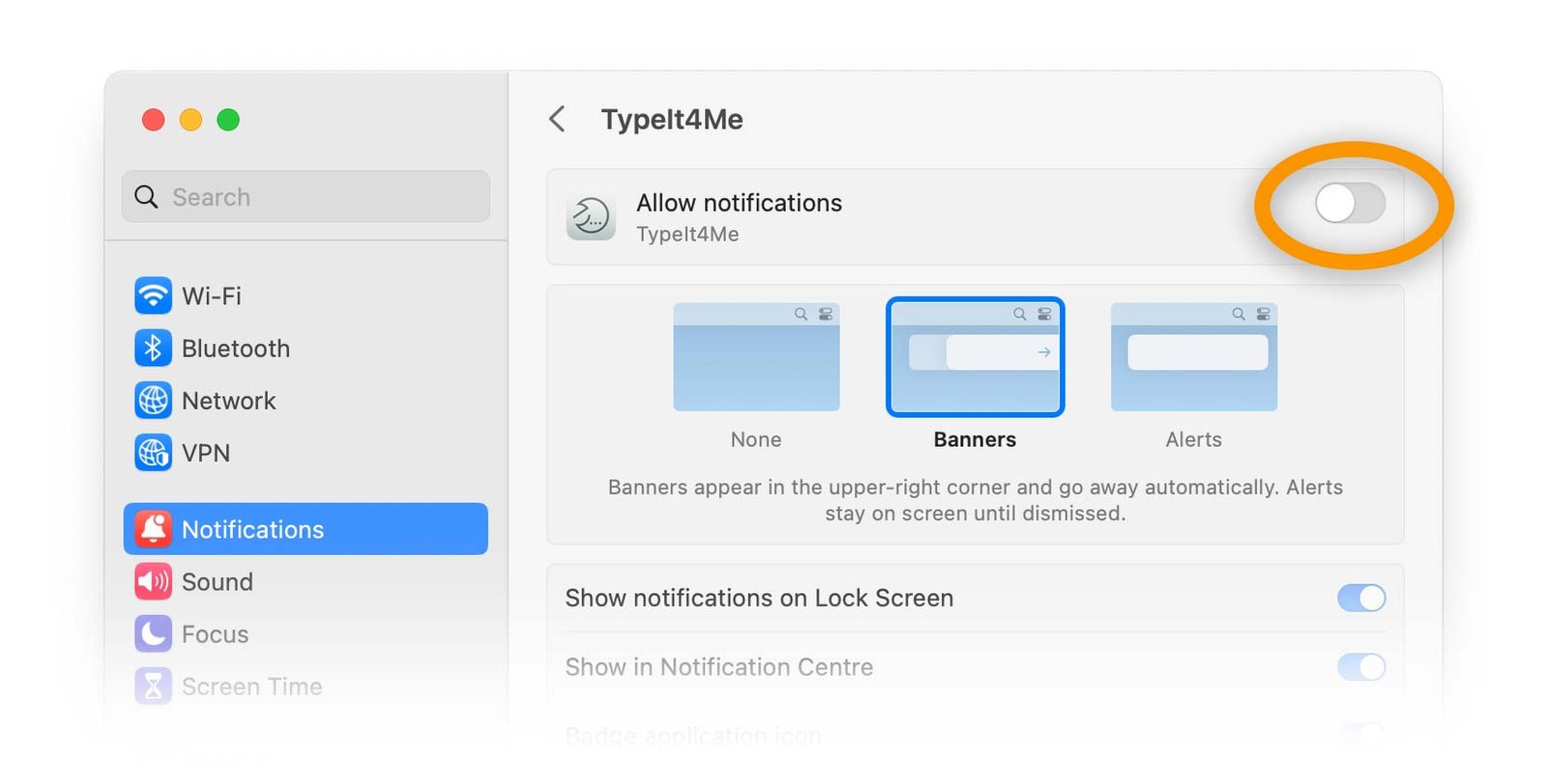 A screenshot of System Settings in macOS Ventura, showing the notification settings for TypeIt4Me, with "Allow notifications" turned off
