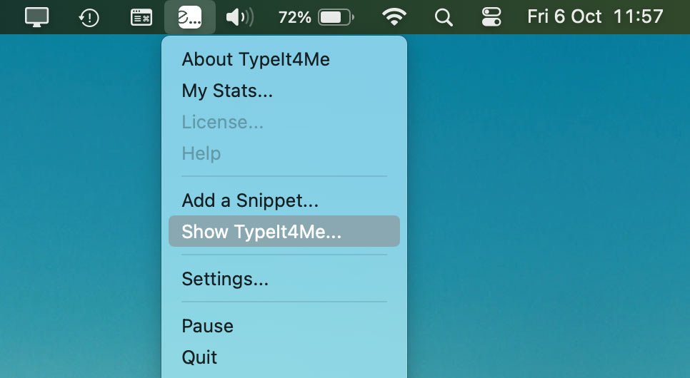 Show TypeIt4Me selected in the app's menu