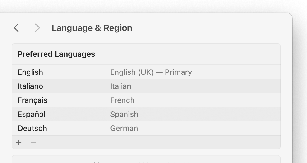 A screenshot of macOS Language & Region system settings, showing the following selected languages: English, Italian, French, Spanish and German