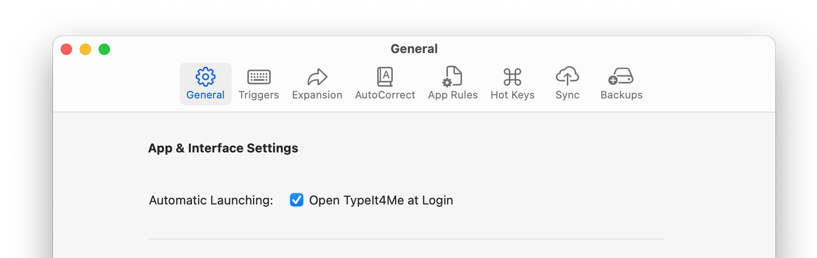 A screenshot of the TypeIt4Me settings window showing the ticked "Open TypeIt4Me at Login" checkbox