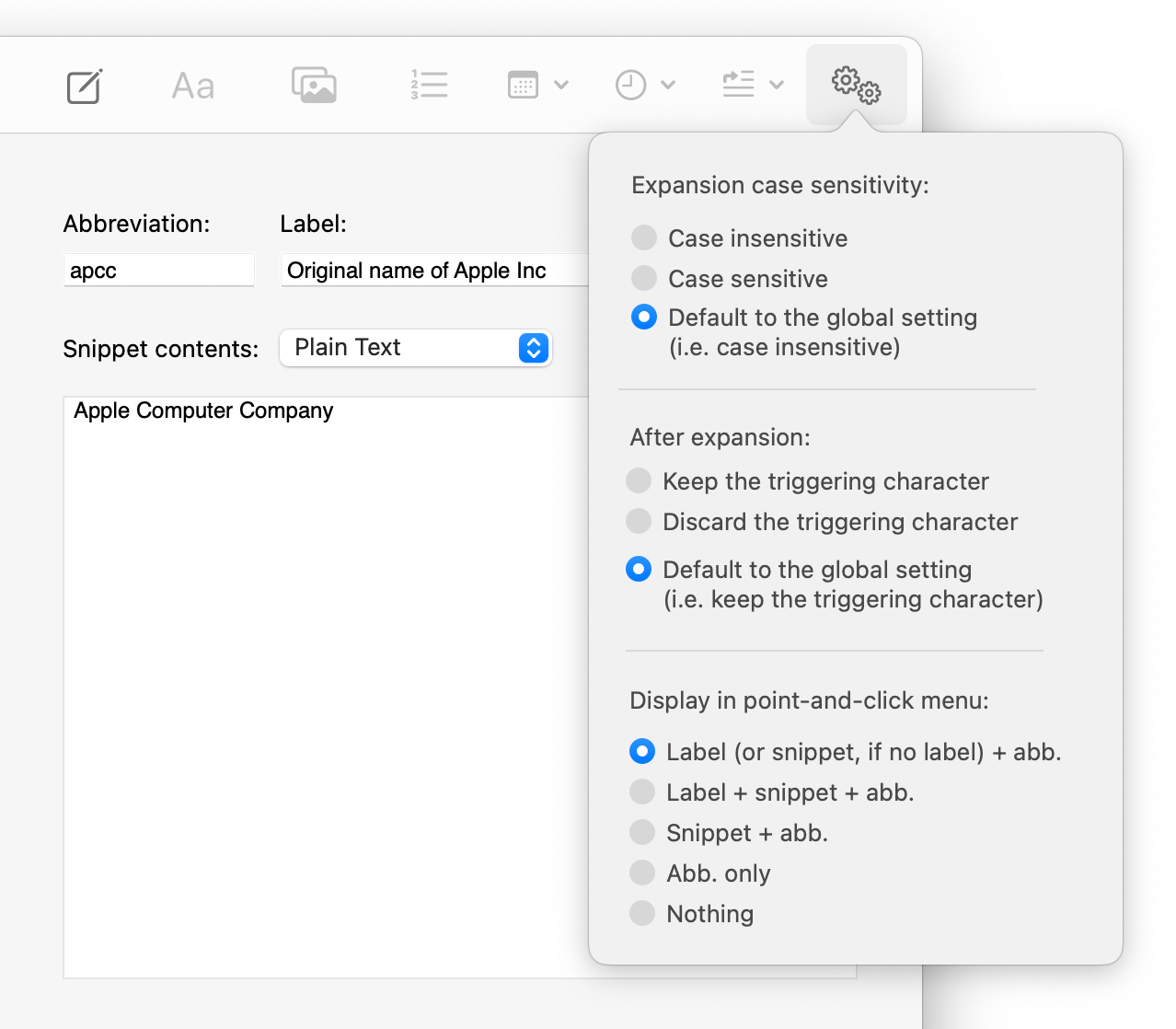 A screenshot of the settings menu for an individual snippet in TypeIt4Me