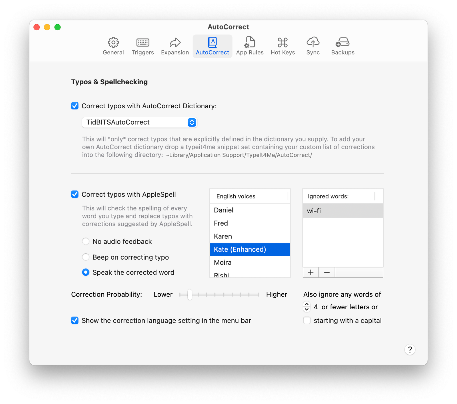 A screenshot of the AutoCorrect section of the TypeIt4Me Settings window