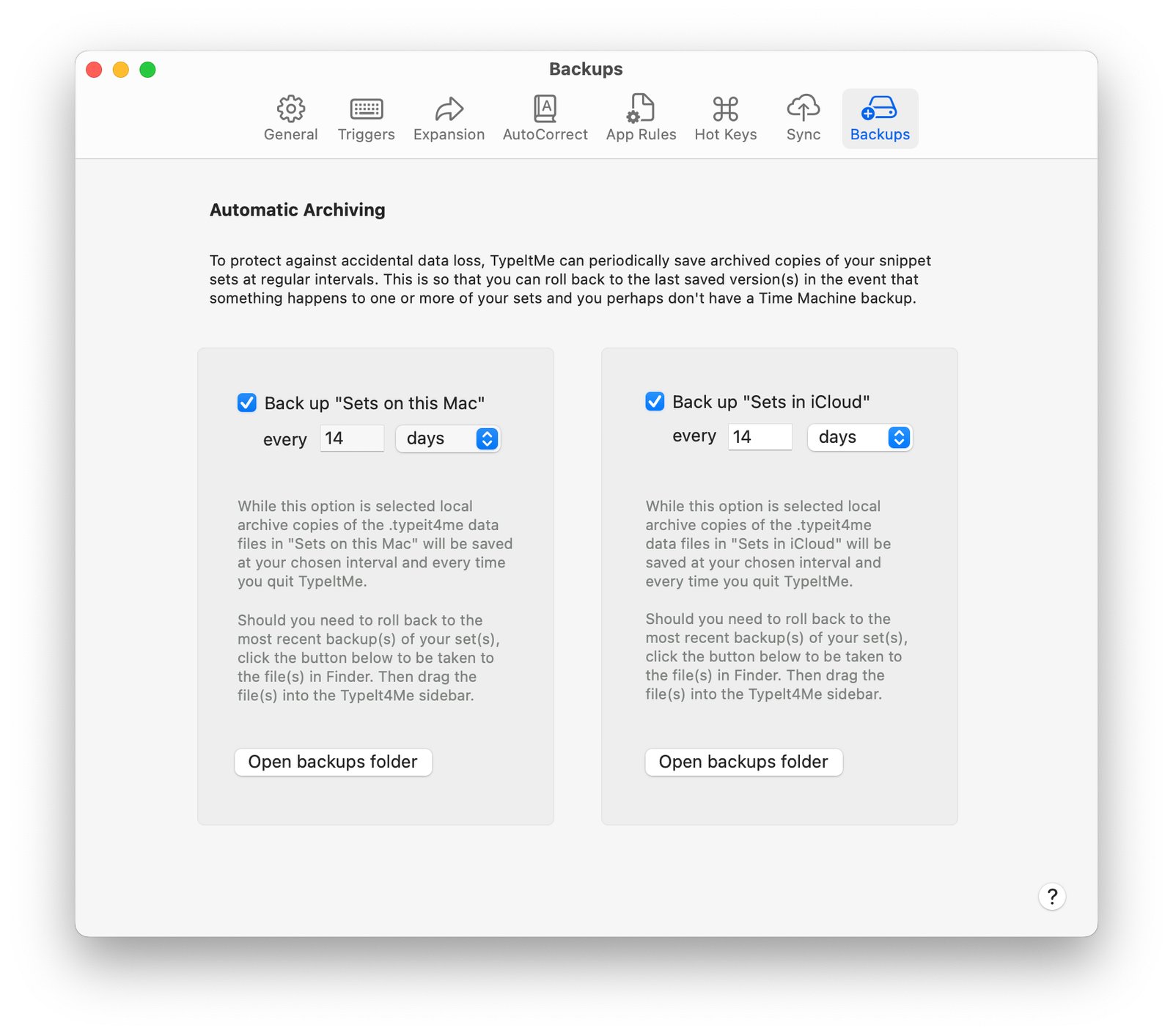 A screenshot of the Backups section of the TypeIt4Me Settings window