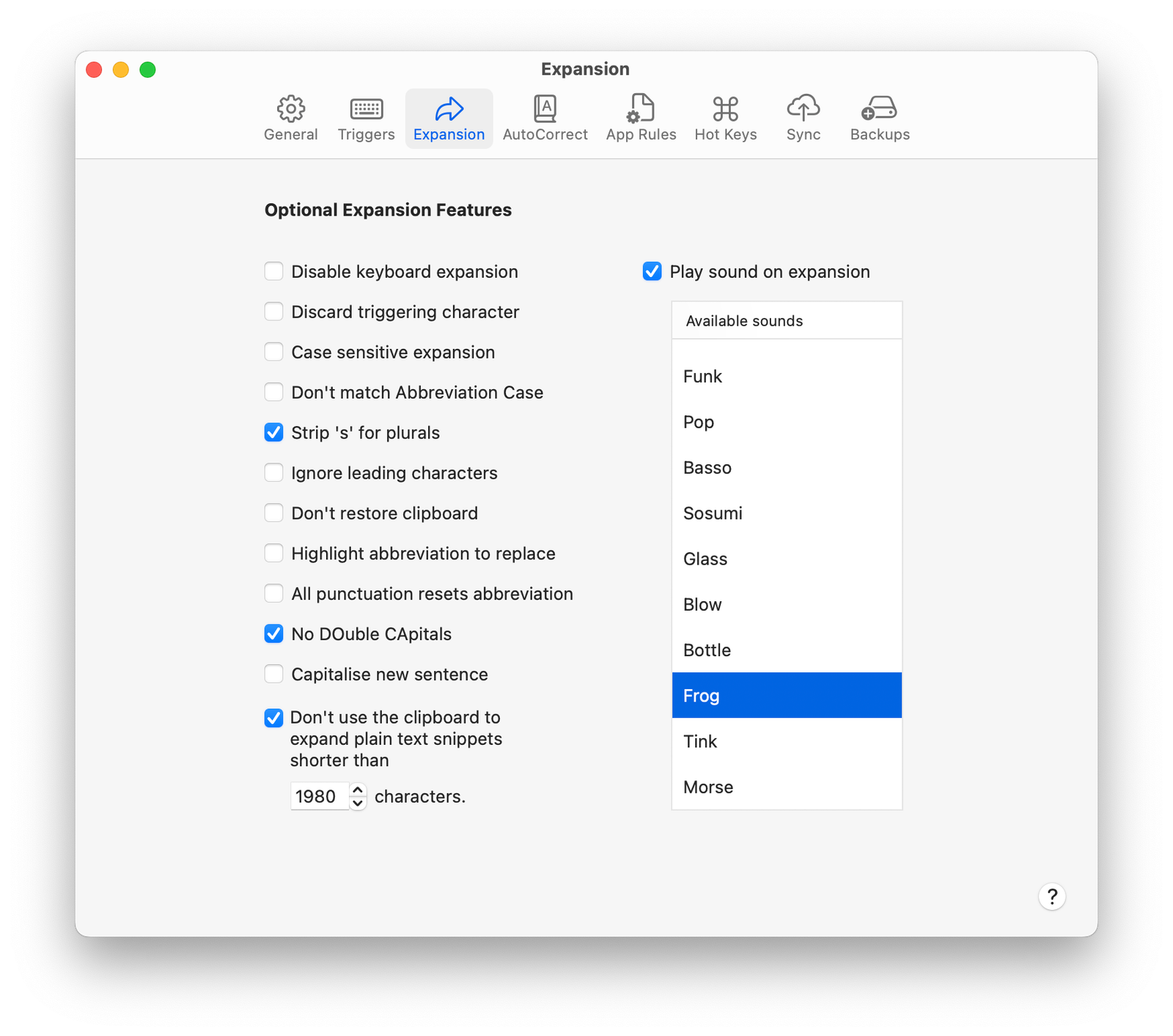 A screenshot of the Expansion options in the TypeIt4Me settings window