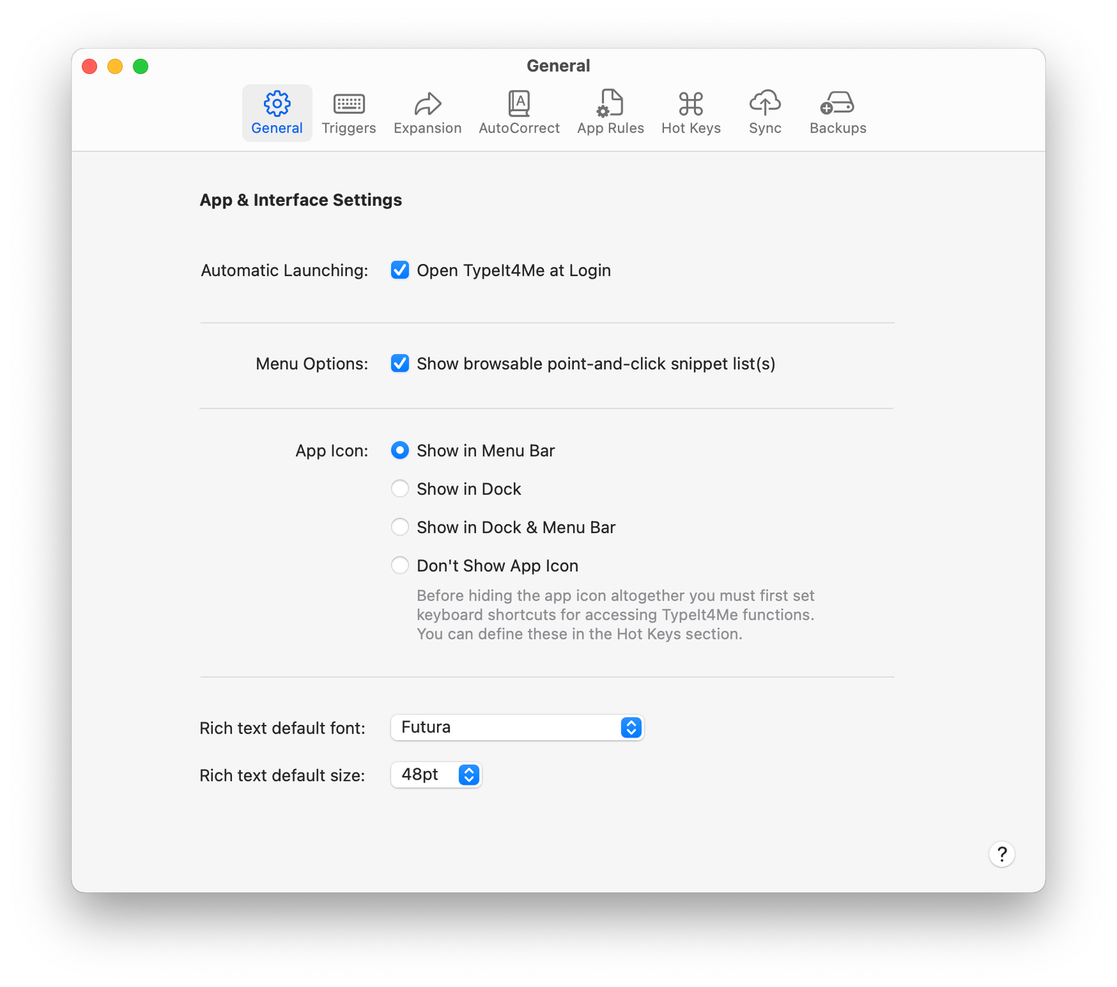 A screenshot of the General settings in TypeIt4Me