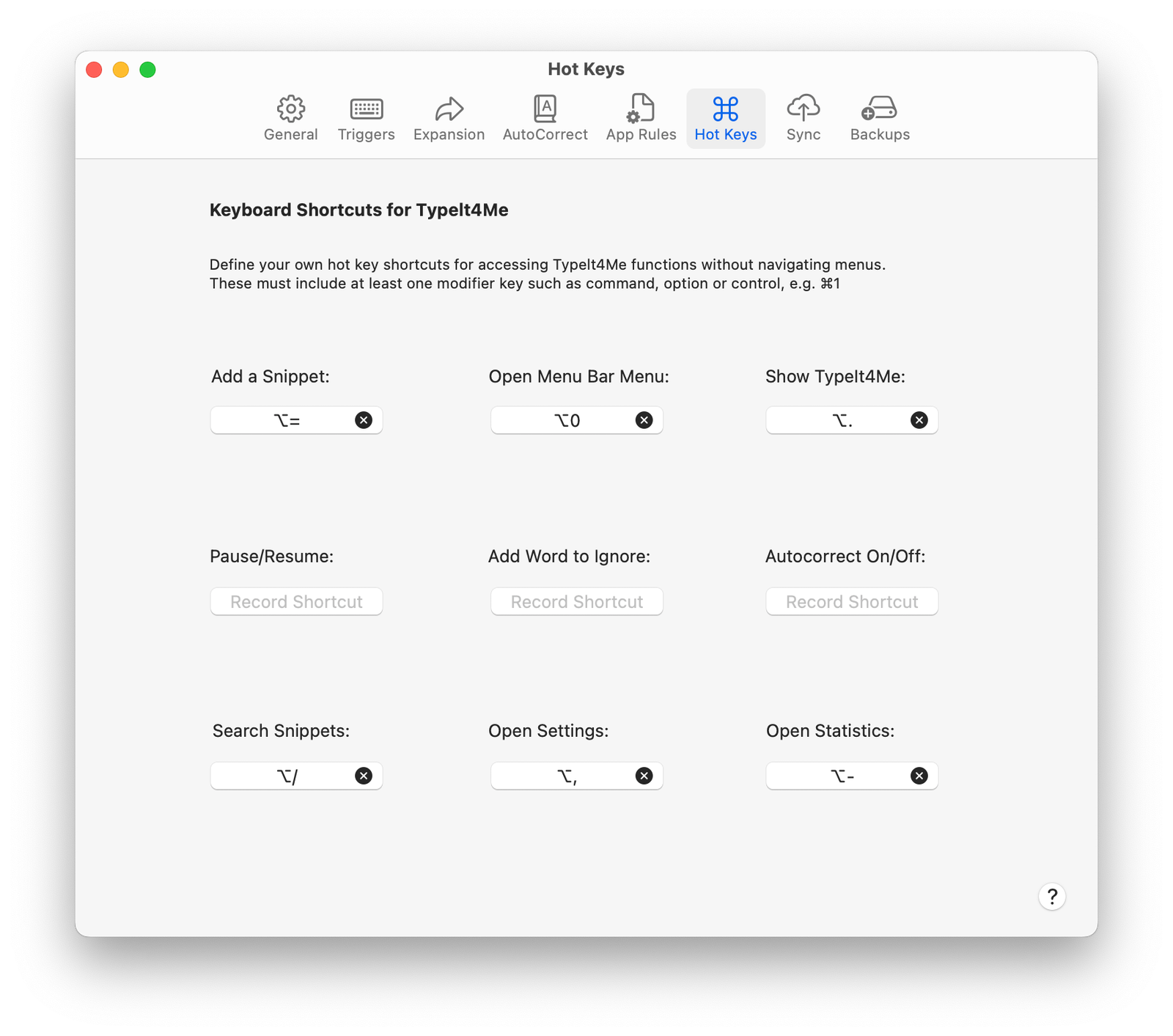 A screenshot of the Hot Keys section in the TypeIt4Me Settings window