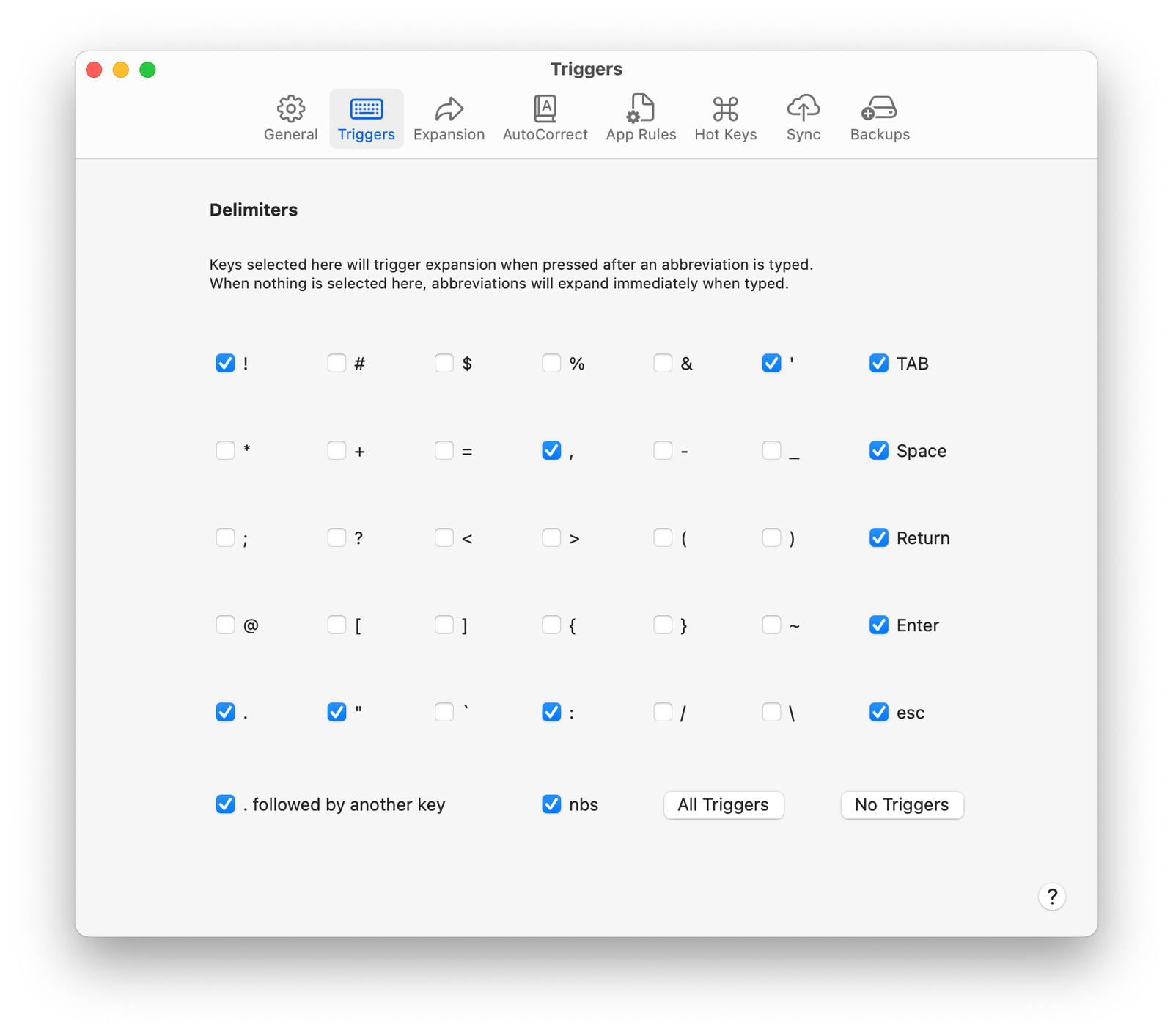 A screenshot of the Triggers settings in TypeIt4Me