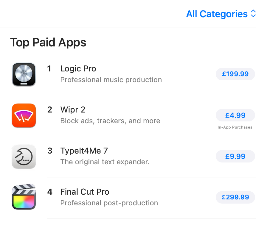 A screenshot of TypeIt4Me 7 occupying the #3 spot in the Mac App Store Top Paid Apps chart
