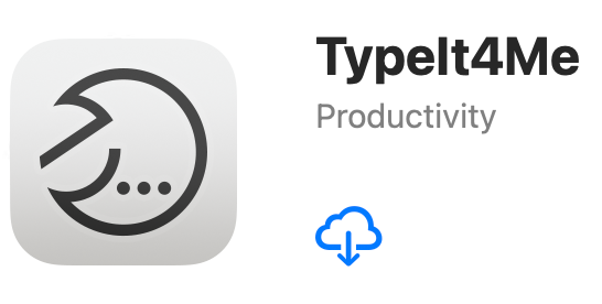 A cropped screenshot of the TypeIt4Me Mac App Store listing page, showing the download button next to its icon.