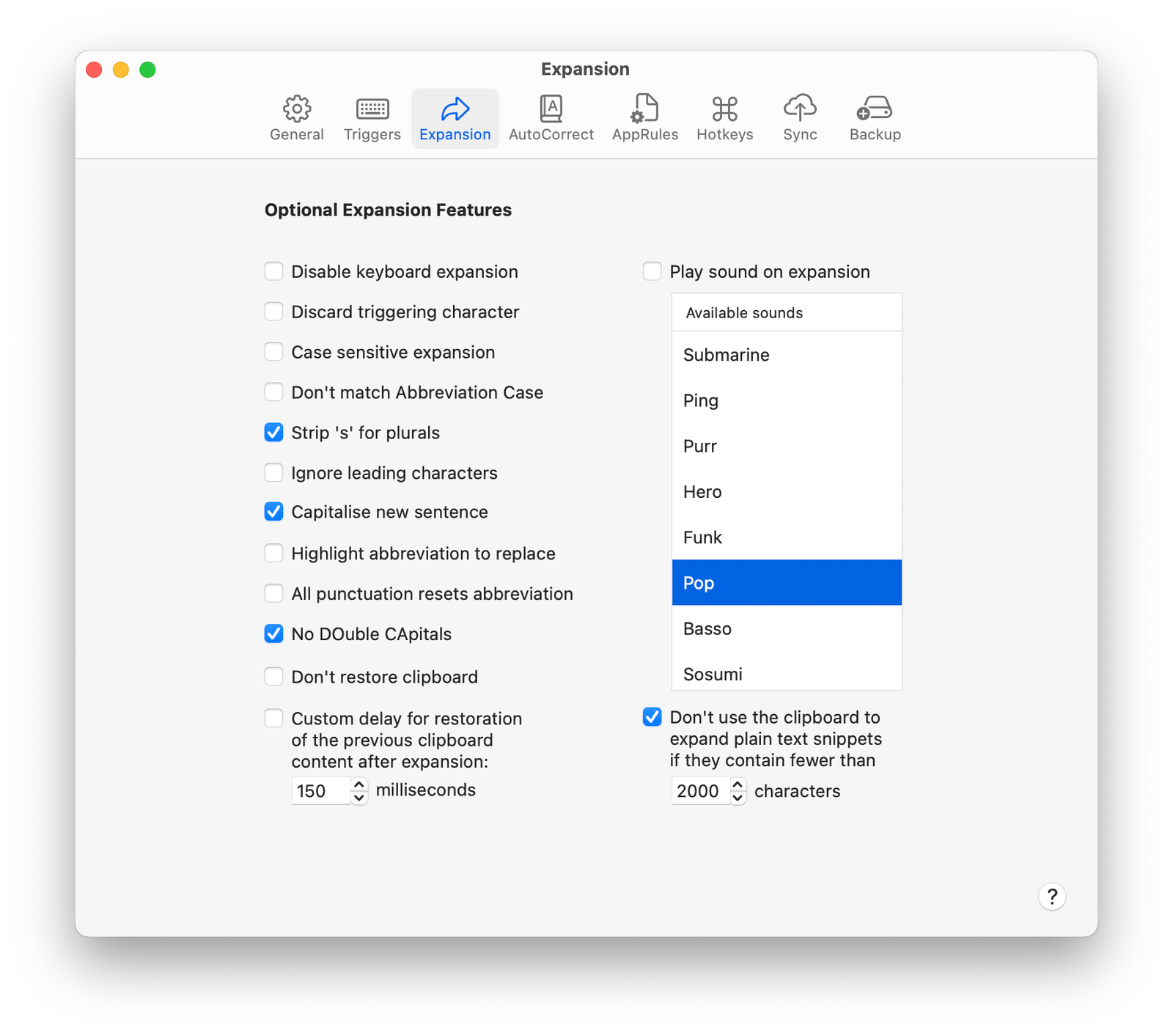 A screenshot of TypeIt4Me's expansion settings screen.