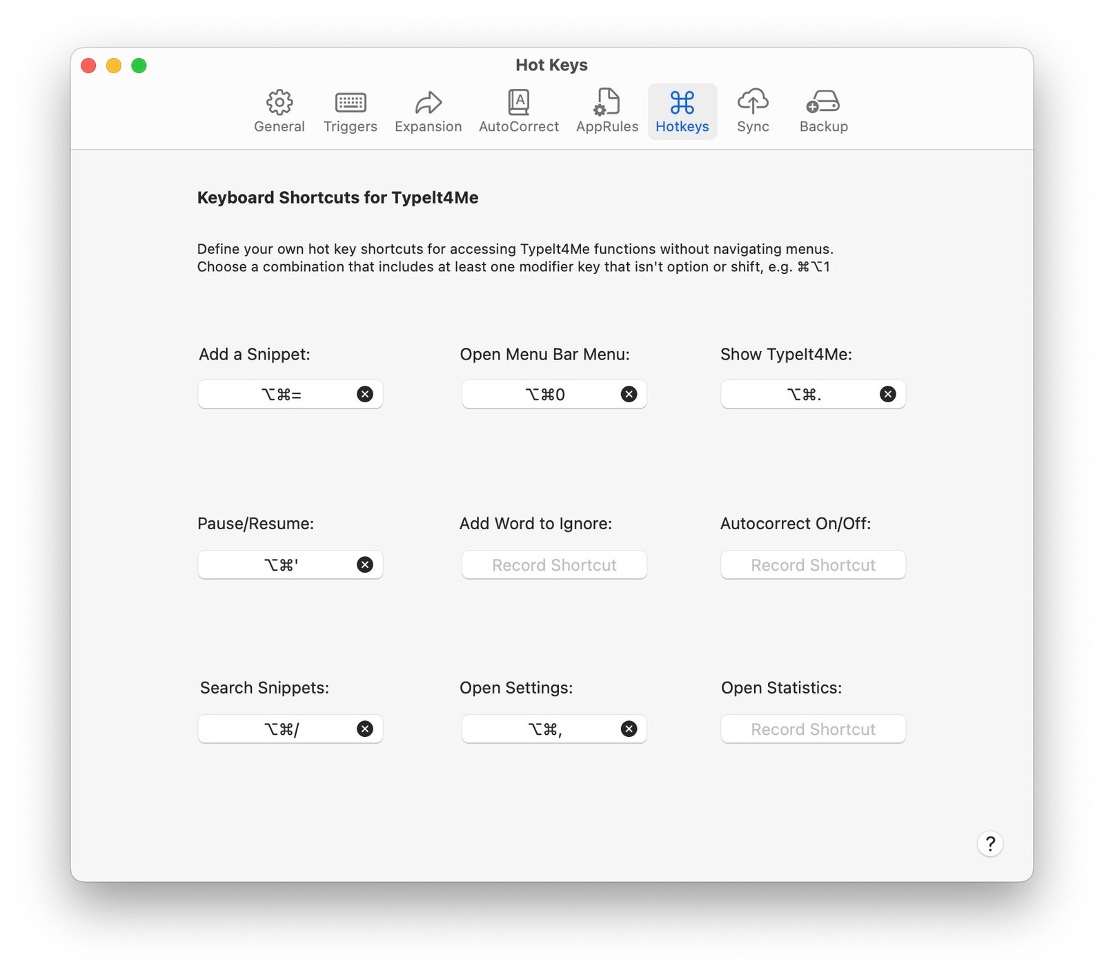 A screenshot of the TypeIt4Me hot keys settings screen