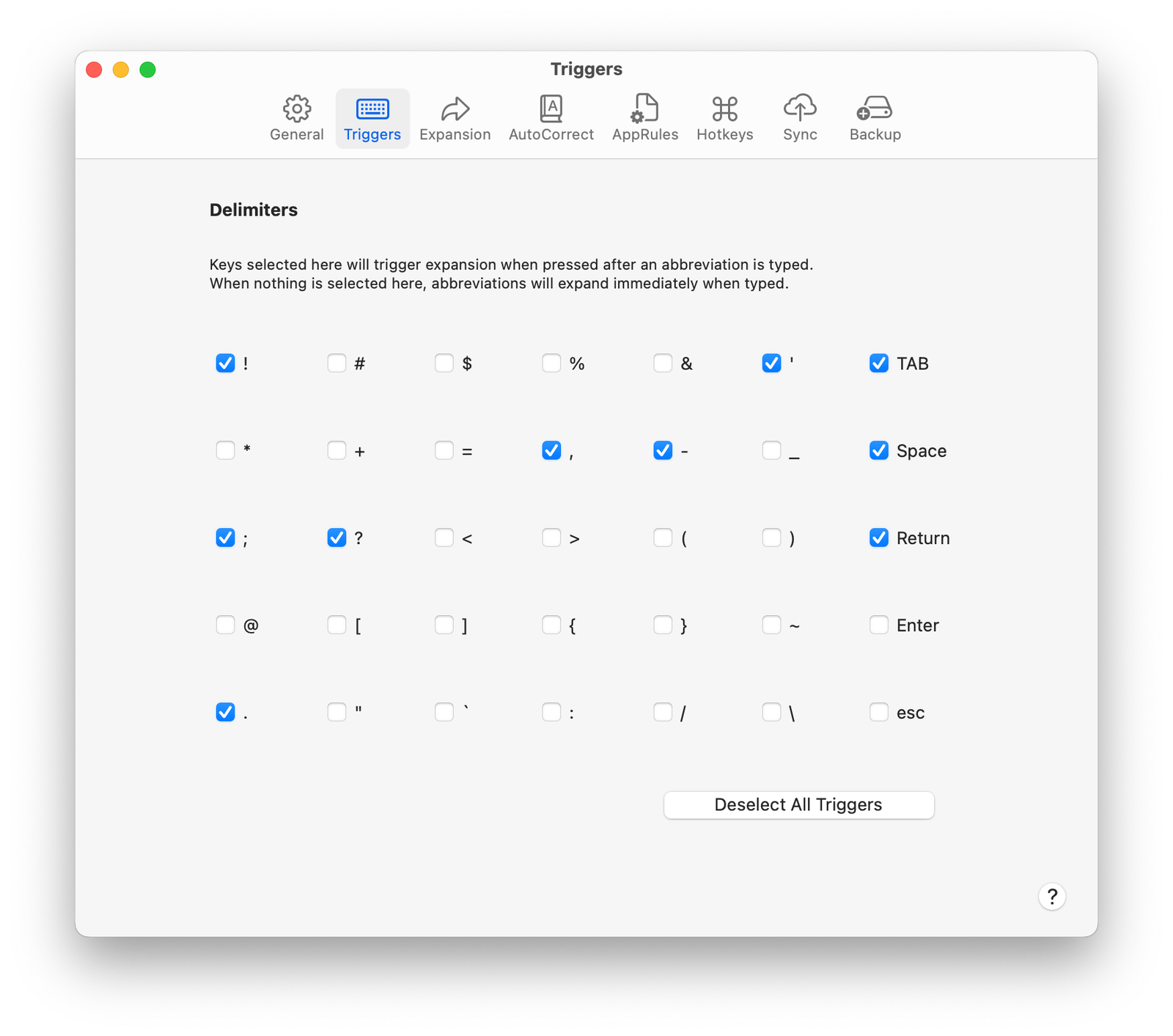 A screenshot of TypeIt4Me's Triggers settings screen.