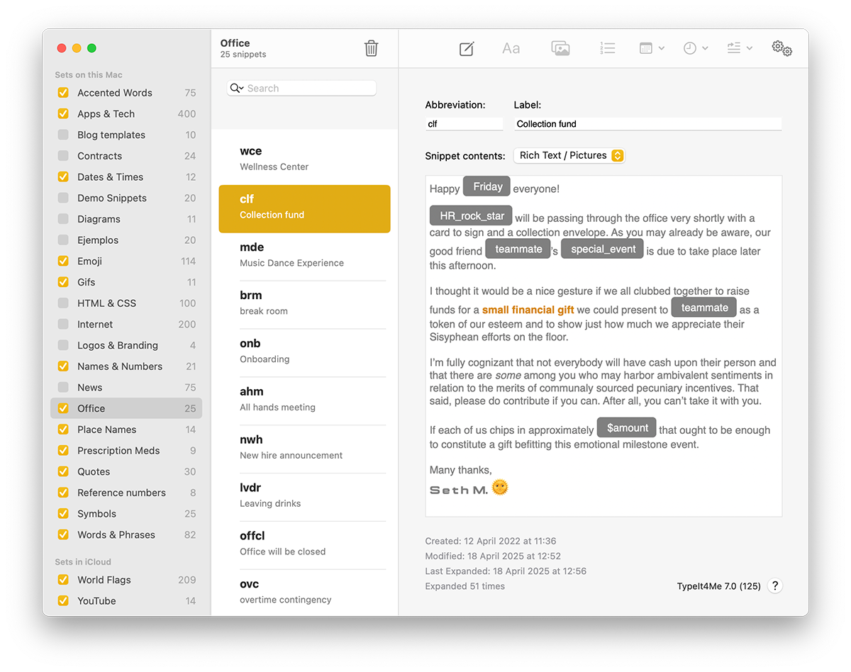 A screenshot of the main TypeIt4Me app window, showing a template snippet with variable input fields, in which an office manager invites co-workers to contribute to a gift for someone