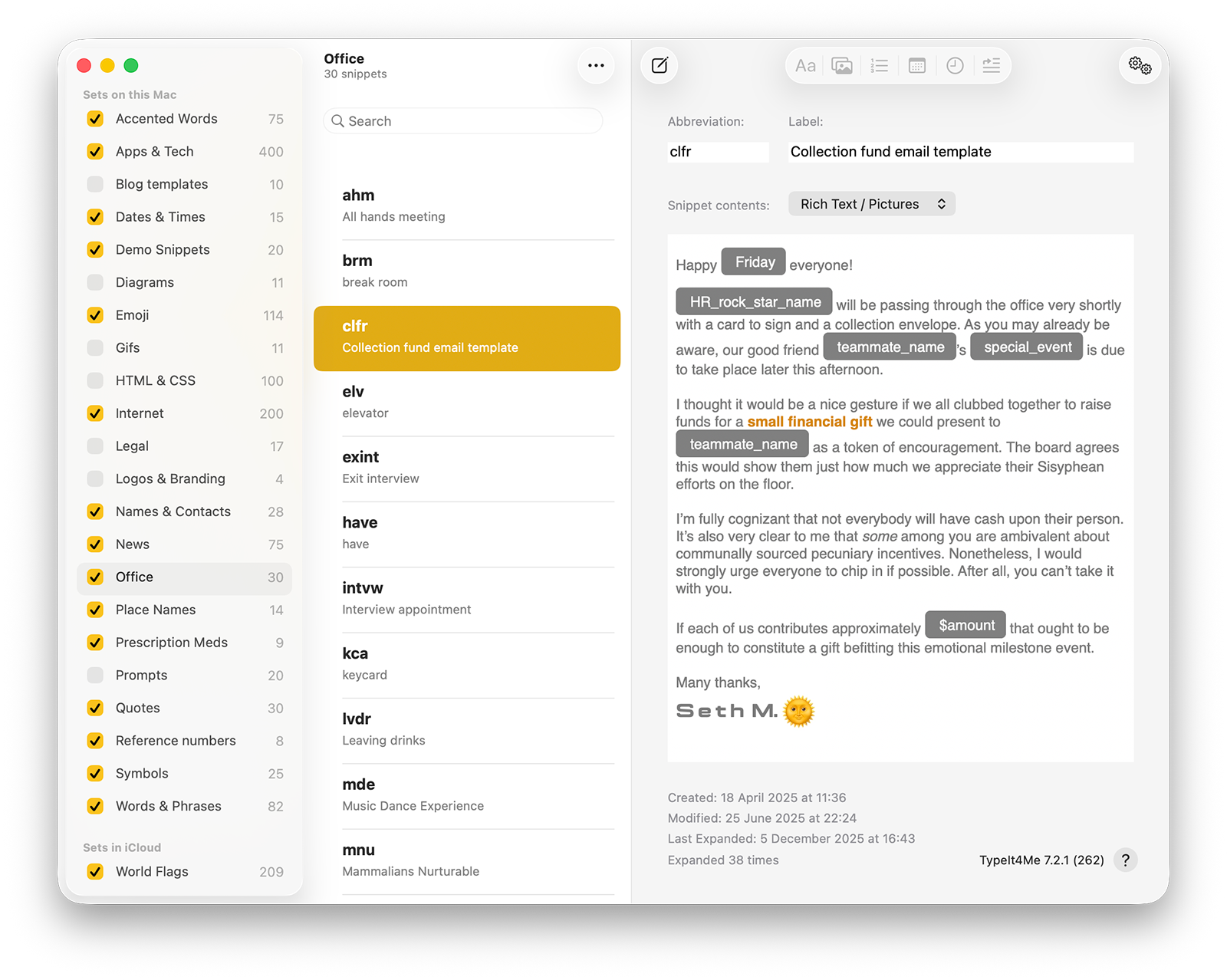 A screenshot of the main TypeIt4Me app window, showing a template snippet with variable input fields, in which an office manager invites co-workers to contribute to a gift for someone