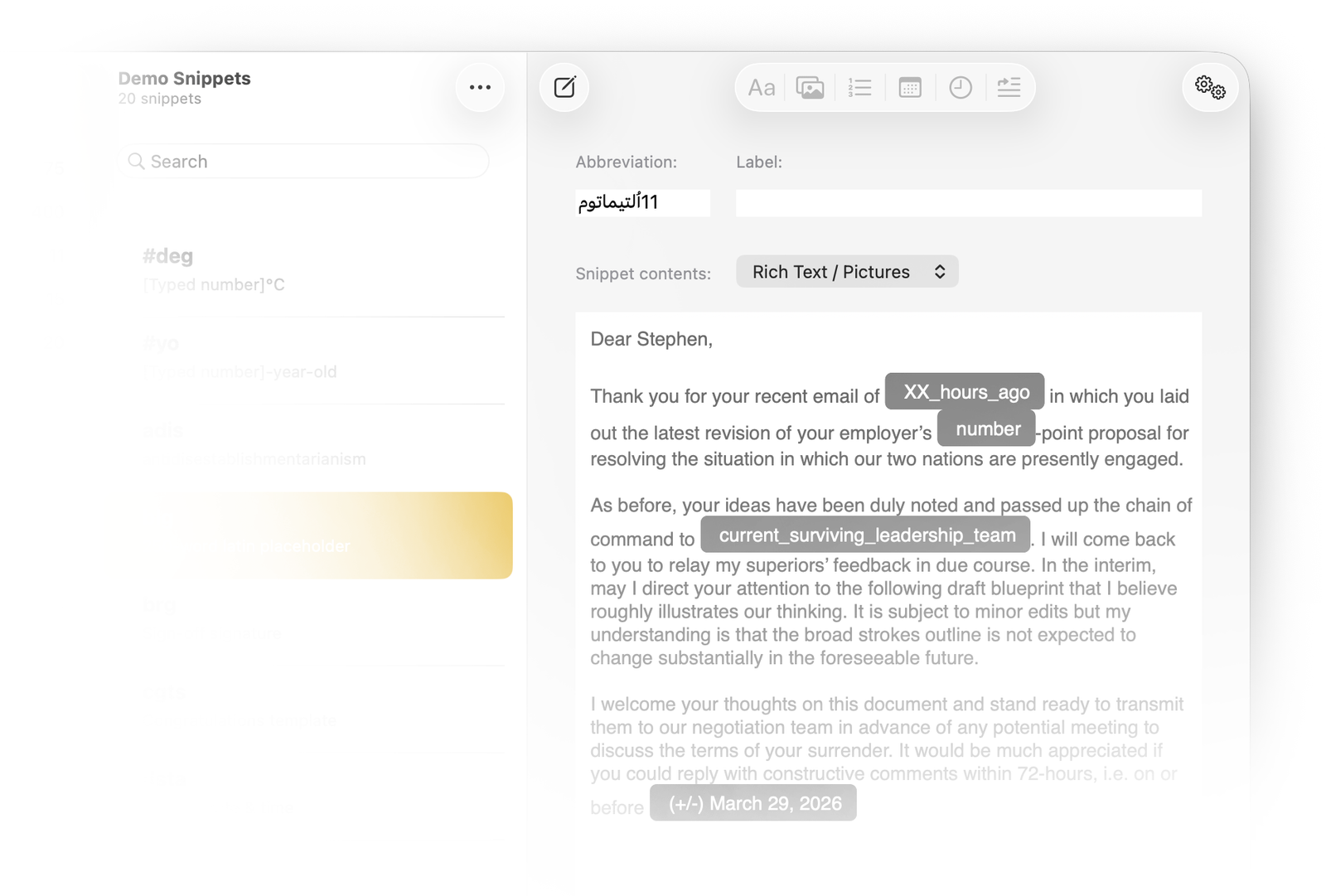 A screenshot of the main TypeIt4Me app window showing a snippet that might be used by Iranian officials in any dealings with US negotiators