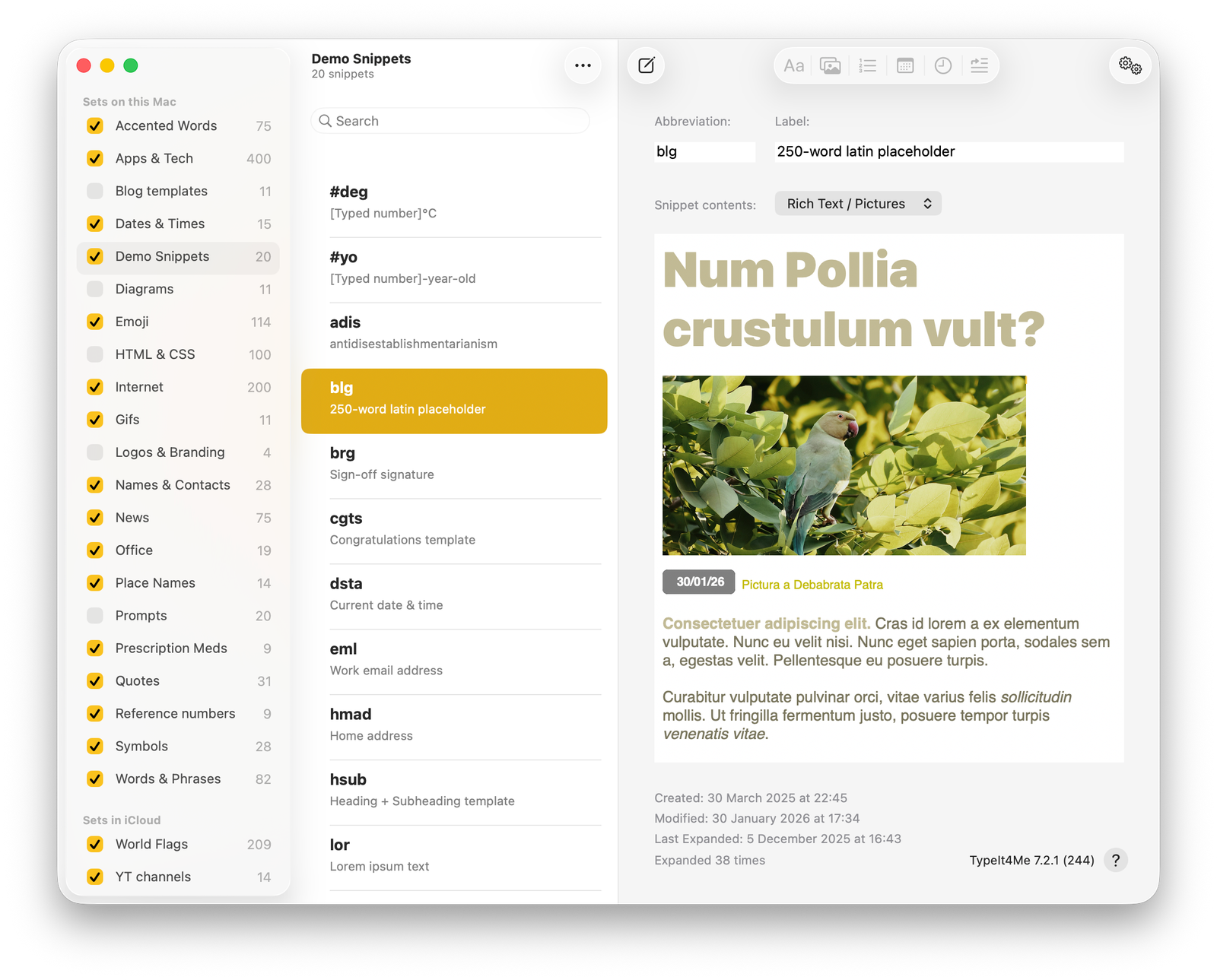 A screenshot of the main TypeIt4Me 7 app window. A snippet containing latin placeholder text and a photo of a parakeet is being viewed.