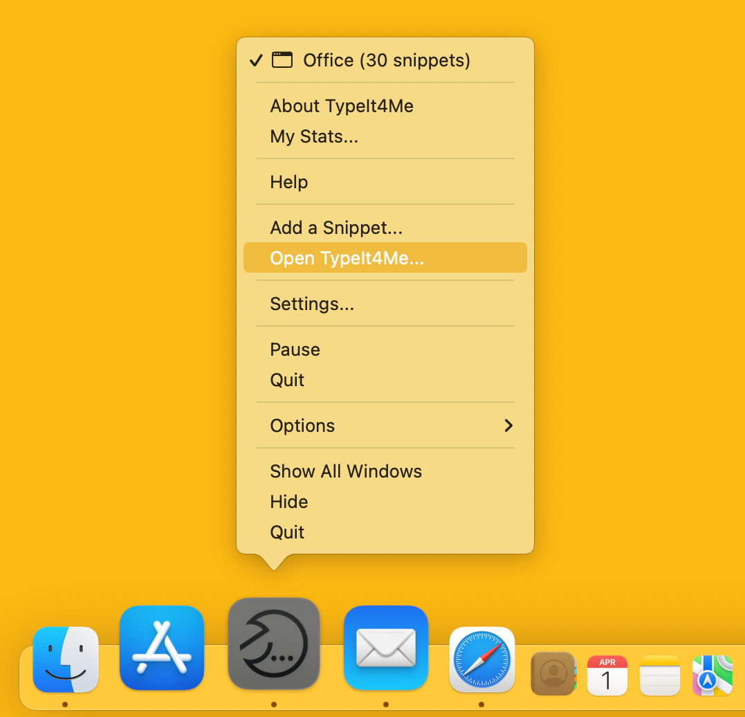 A screenshot of the menu that opens when you click the TypeIt4Me icon in the Dock. "Open TypeIt4Me..." is the fifth item in the list.