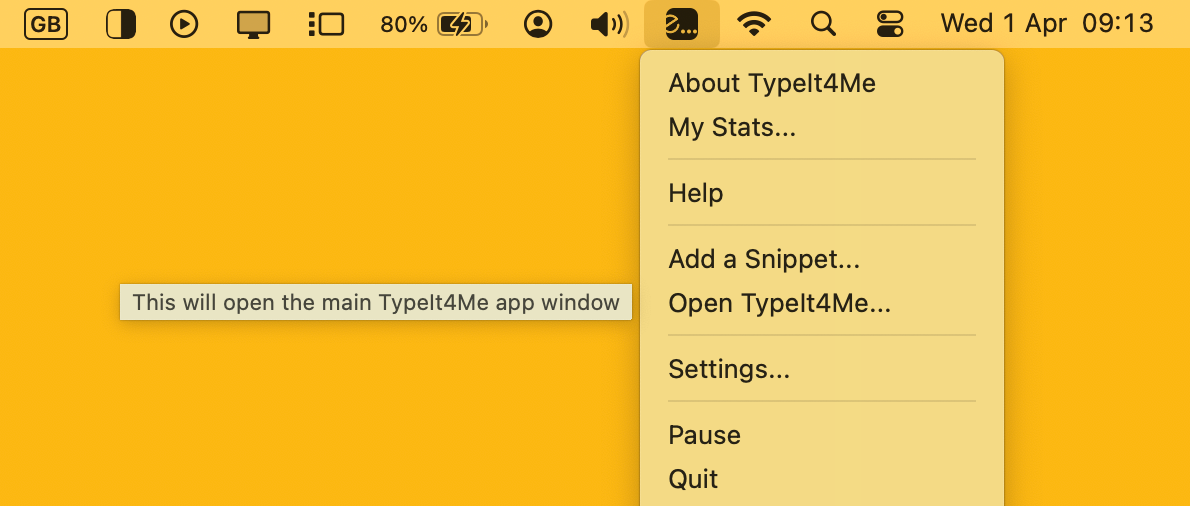 A screenshot of the menu that opens when you click the TypeIt4Me icon in the menu bar. "Open TypeIt4Me..." is the fifth item in the list.