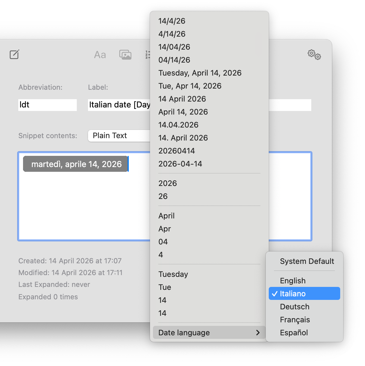 A screenshot that shows a snippet in the main TypeIt4Me window that contains a long date that's set to expand in Italian. The "Add a Date" menu is open and at the very bottom the "Date language" submenu is also open, with the Italian option selected.