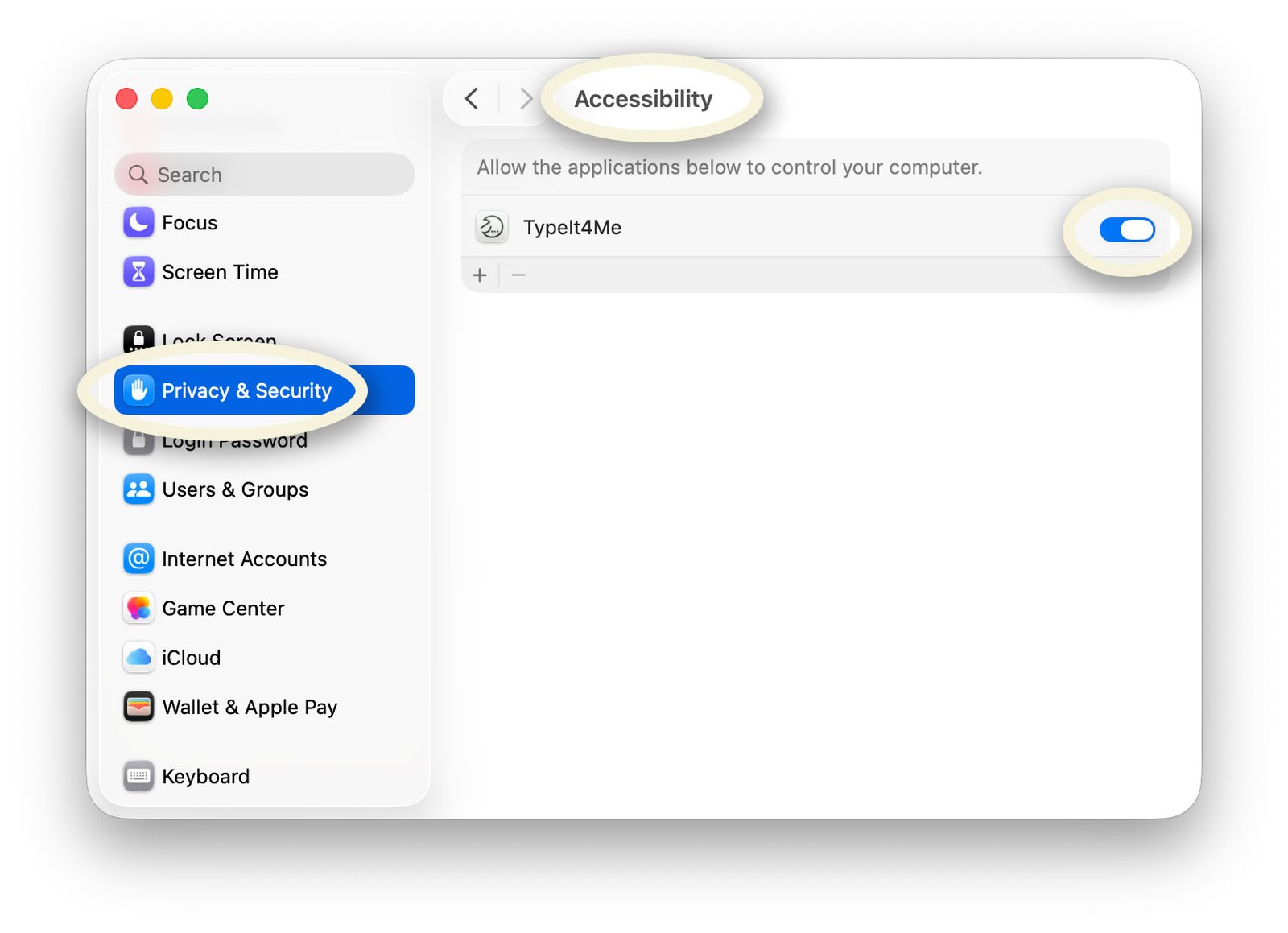  screenshot of the System Settings window, with Privacy & Security highlighted in the sidebar, Accessibility highlighted in the title bar and the highlighted toggle switch next to TypeIt4Me set to the on position.