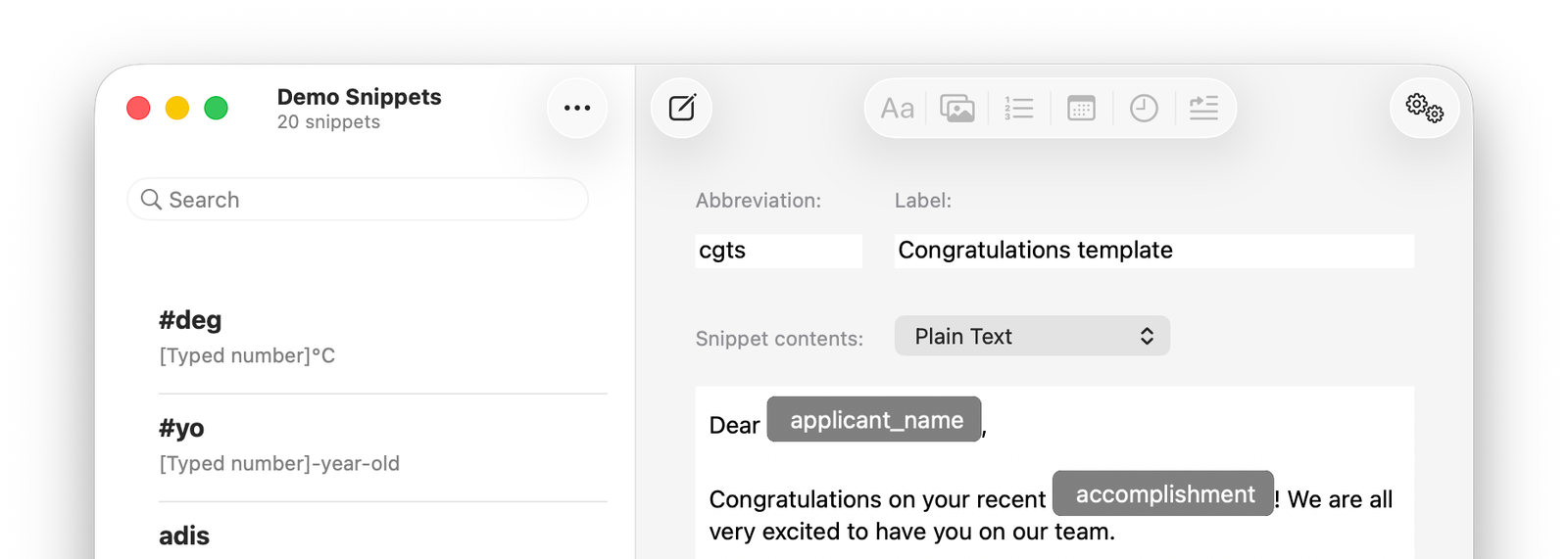A screenshot of the main TypeIt4Me window showing a snippet that contains variable inputs