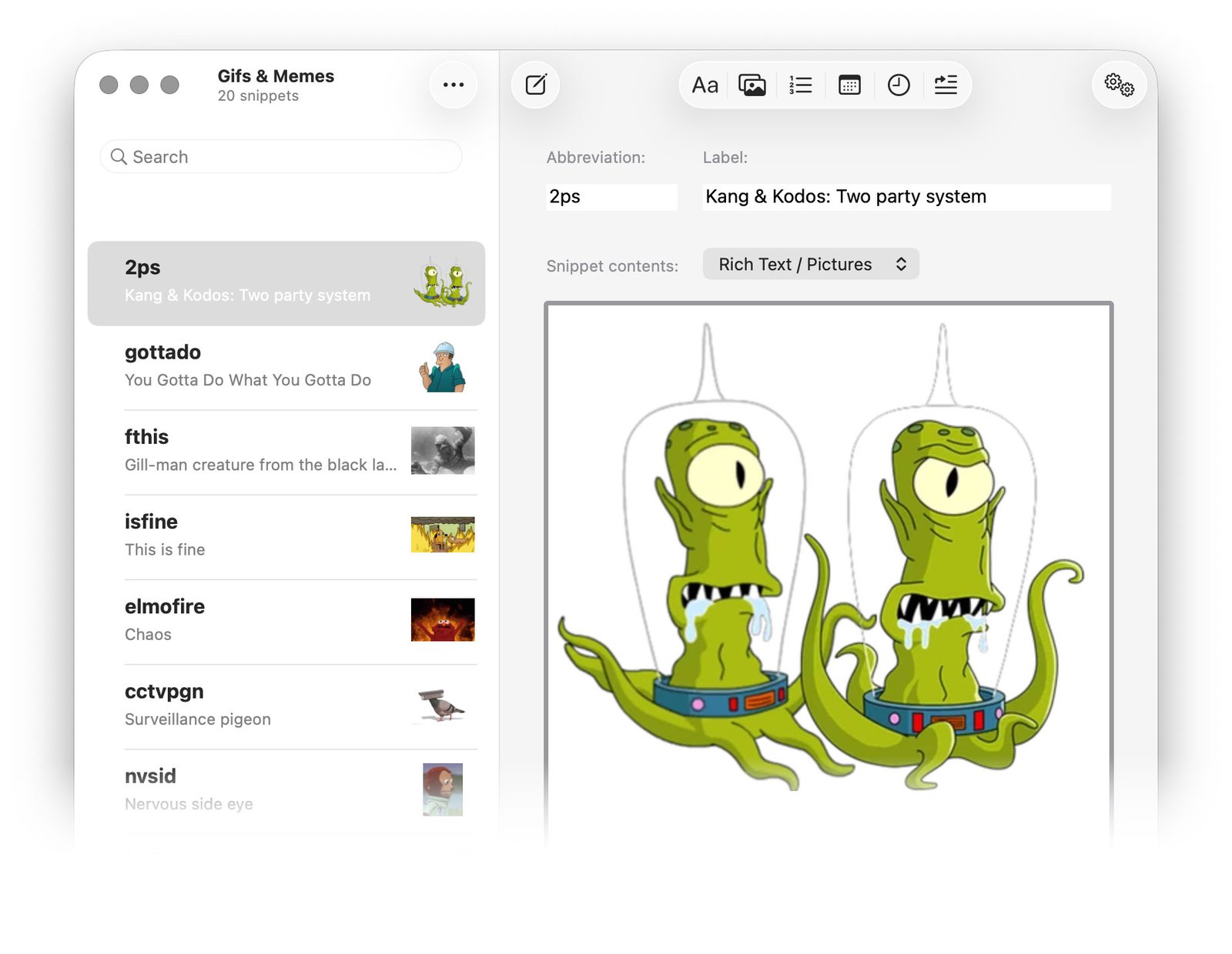 A screenshot of the main TypeIt4Me window with a set full of gifs and memes. The selected snippet is an "It's a two party system" meme image featuring popular Simpsons characters Kang and Kodos.