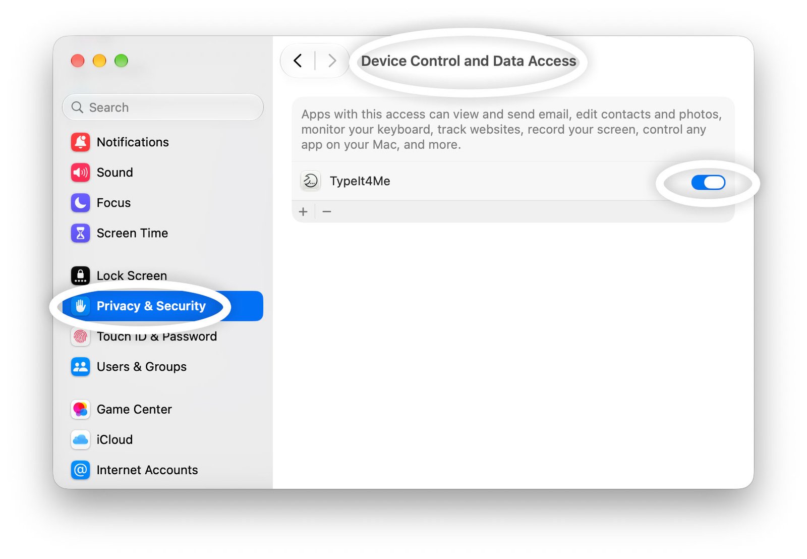 A screenshot of the System Settings window, with "Privacy & Security" highlighted in the sidebar, Device Control & Data Access highlighted in the title bar and the highlighted toggle switch next to TypeIt4Me set to the on position.